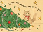 Houten kerstkaart Kat met omgevallen kerstboom